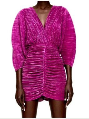 Zara Pink Draped Plisse Mini Dress Sz M Long Sleeve V-Neck Ruched Metallic